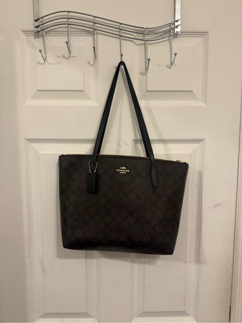 Coach Dark Brown Signature Tote with Black Handles